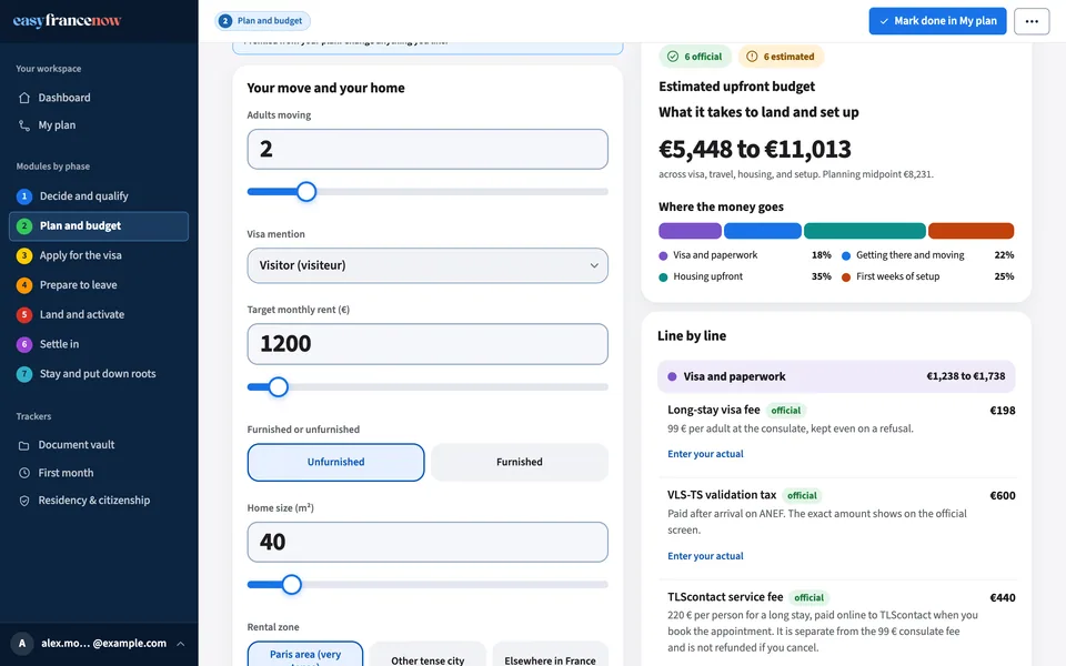 The Relocation Budget Estimator: the inputs on the left and, on the right, the estimated upfront budget with a breakdown by category and the line-by-line fees.