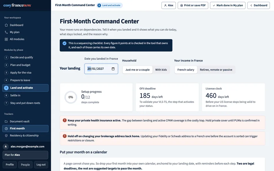 The First-Month Command Center: landing date, household and income choices, setup progress, and tasks marked ready or locked.