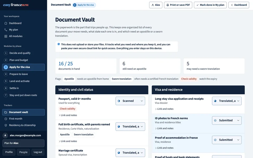 The Document Vault: counters for documents in hand, apostilles and sworn translations, then the list by group with a status for each document.