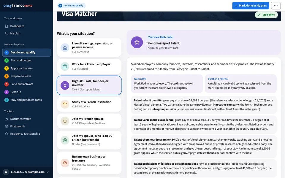 The Visa Matcher: a list of situations on the left, and for the Talent (Passport Talent) route its work rights, duration and renewal and salary thresholds on the right.