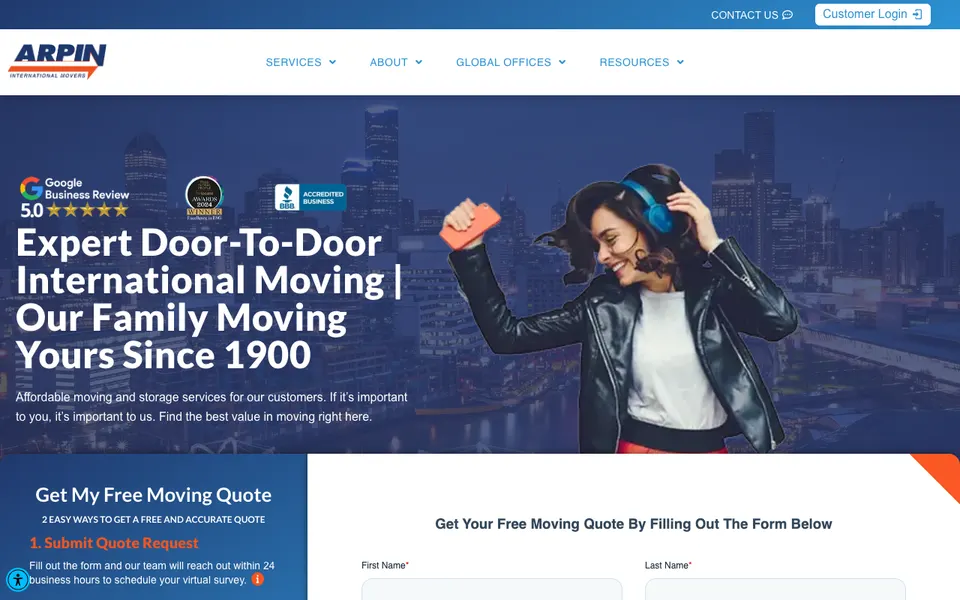 The home page of Arpin International Movers