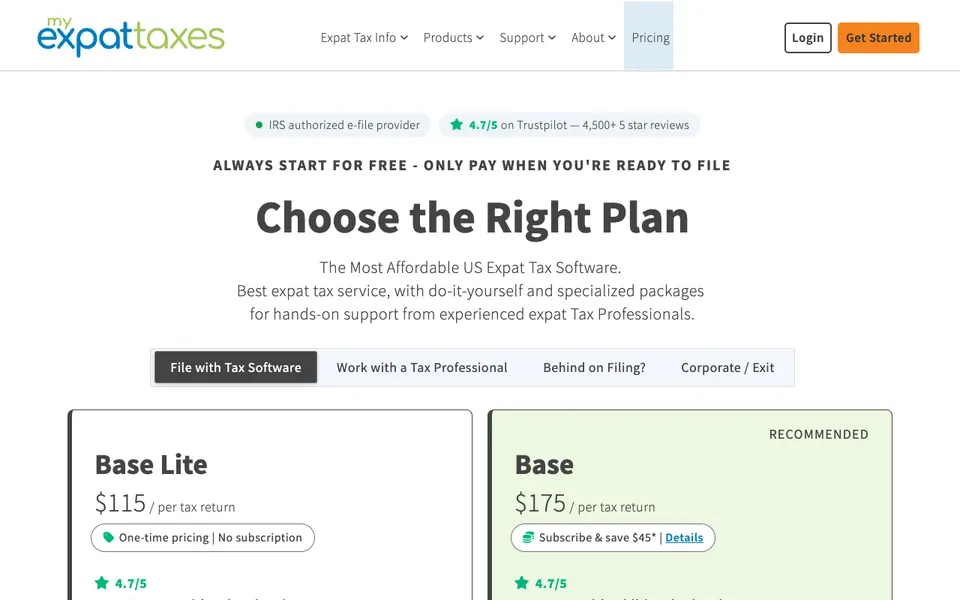 The home page of MyExpatTaxes