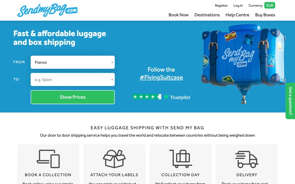 The home page of SendMyBag