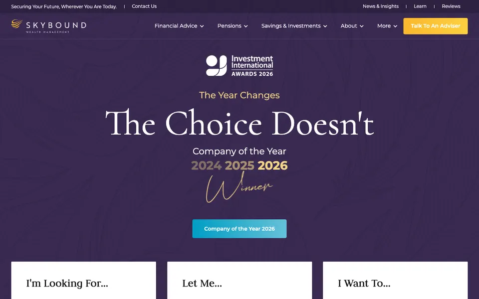 The home page of Skybound Wealth Management