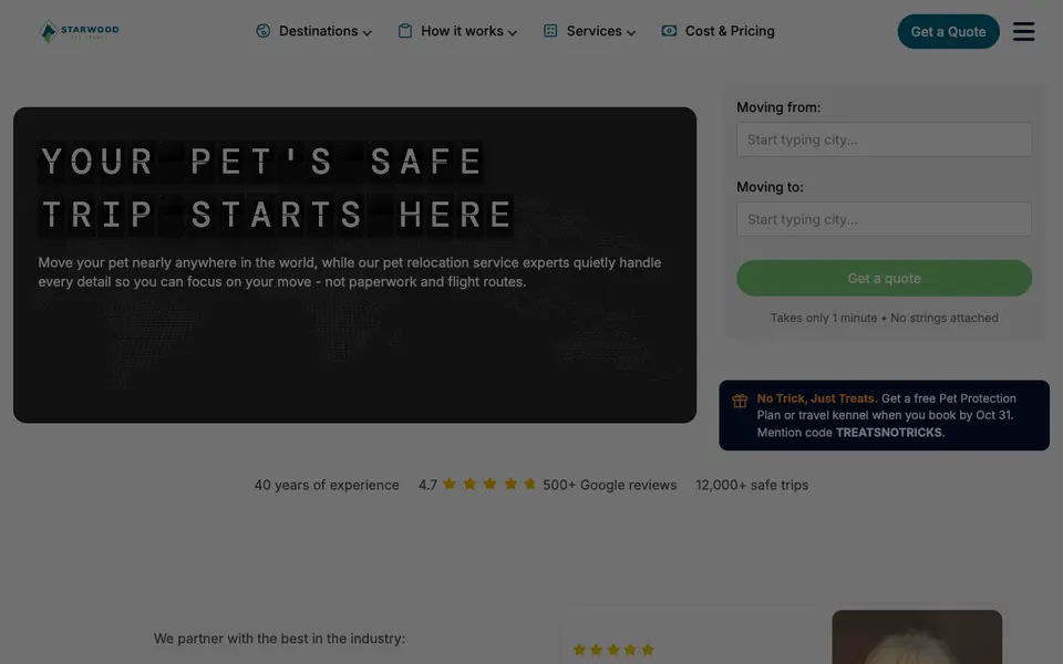 The home page of Starwood Pet Travel