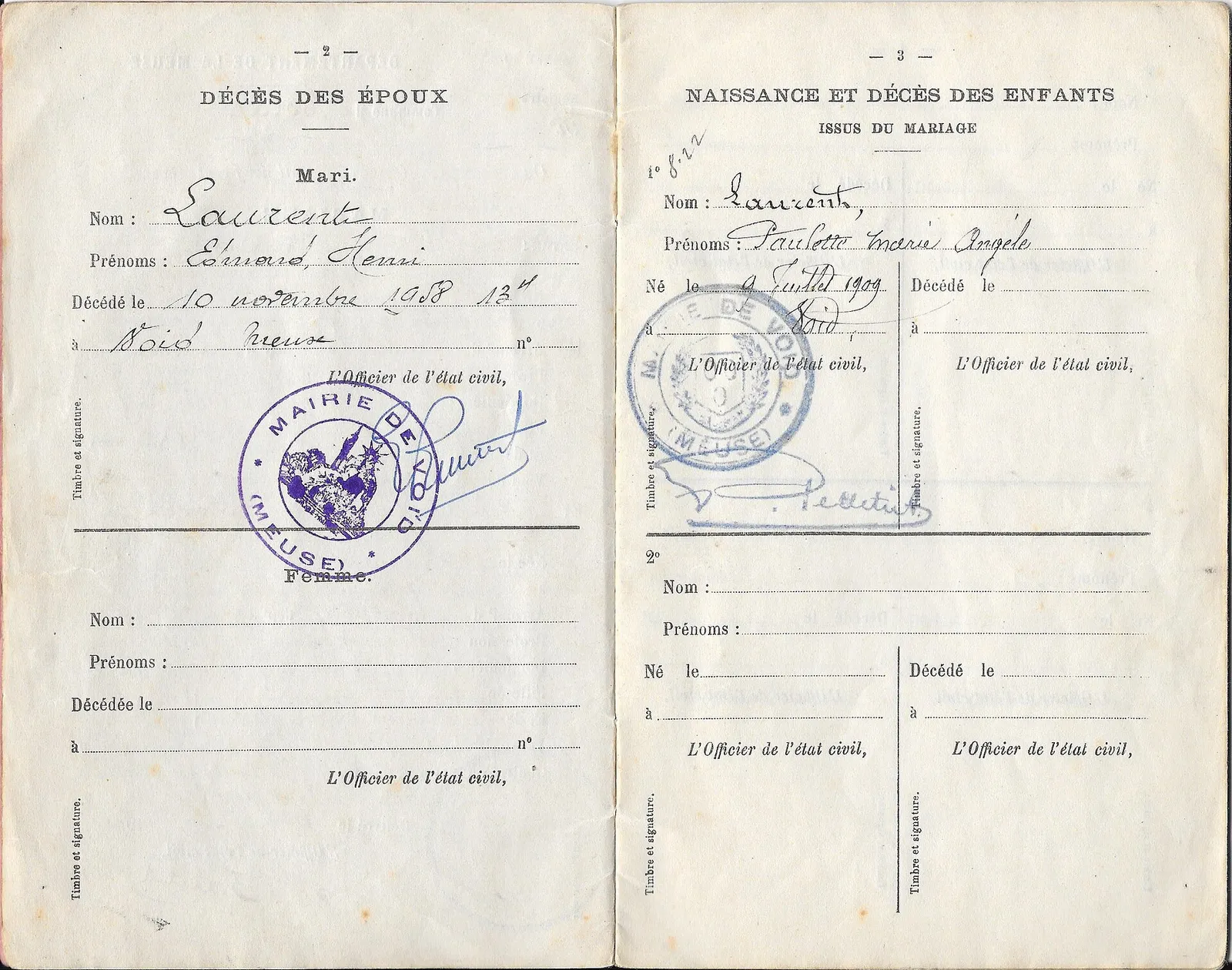 A page of an old French livret de famille, the family record book, with town hall stamps